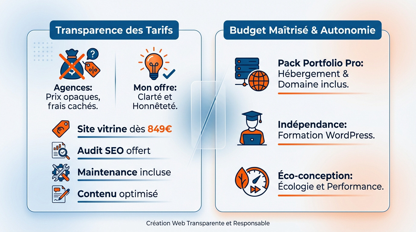 Infographie comparant les tarifs transparents d'un freelance aux coûts cachés des agences web