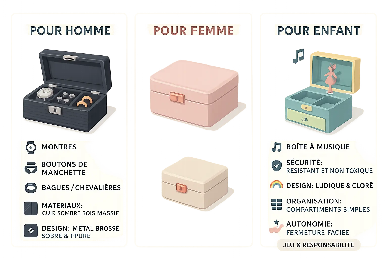 Illustration de boîtes à bijoux pour différents profils