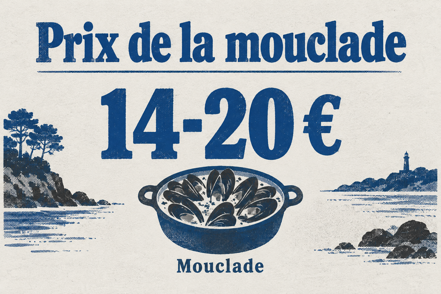 Un graphique en risographie indique le prix moyen de la mouclade, compris entre 14 et 20 euros.