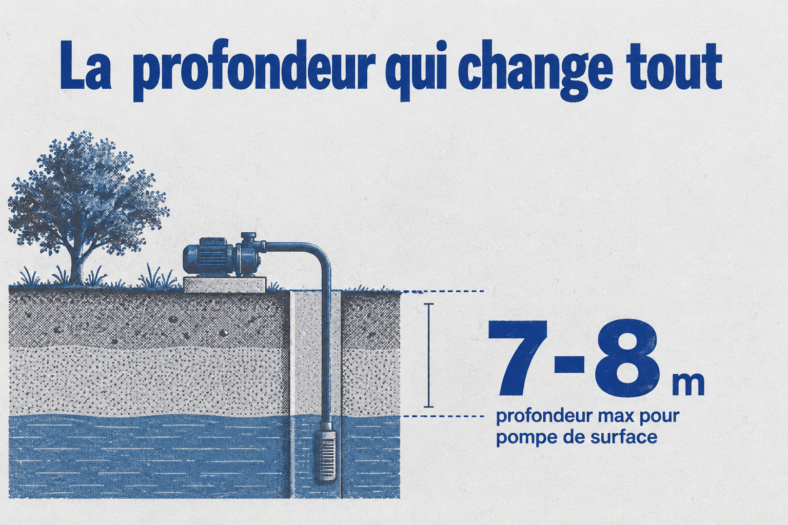 Un chiffre unique indique que la profondeur maximale d'aspiration d'une pompe de surface est de 7 à 8 mètres.