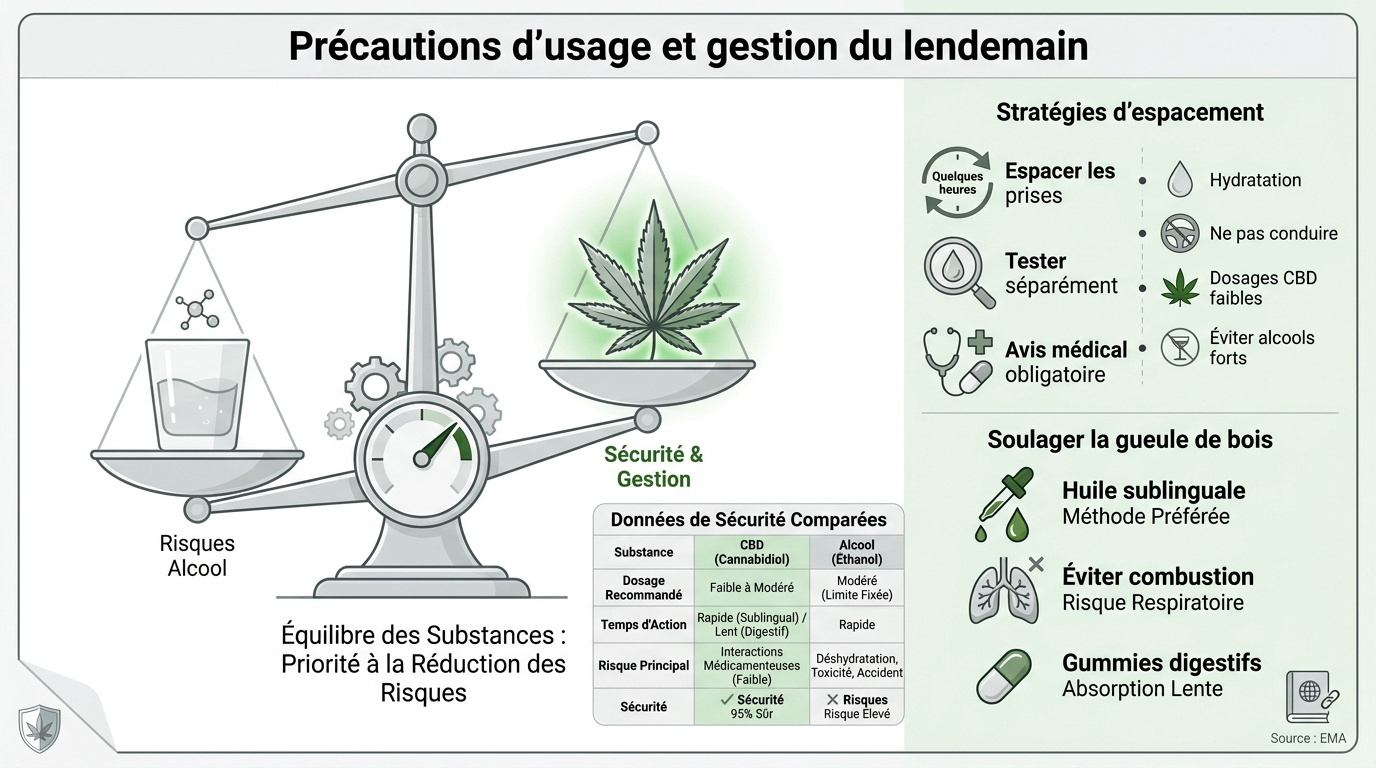 Flacon d'huile de CBD et verre d'alcool illustrant les précautions d'usage