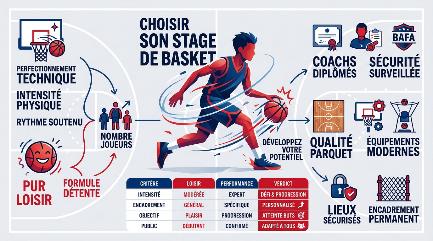 Jeunes basketteurs s'entraînant dans un camp de basket en France avec un coach
