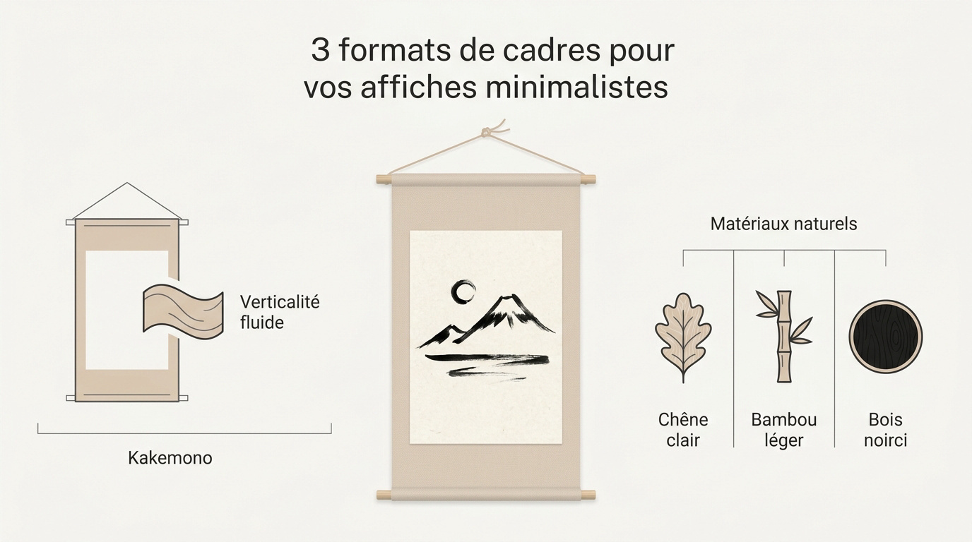 Affiche japandi minimaliste suspendue dans un cadre en bois clair