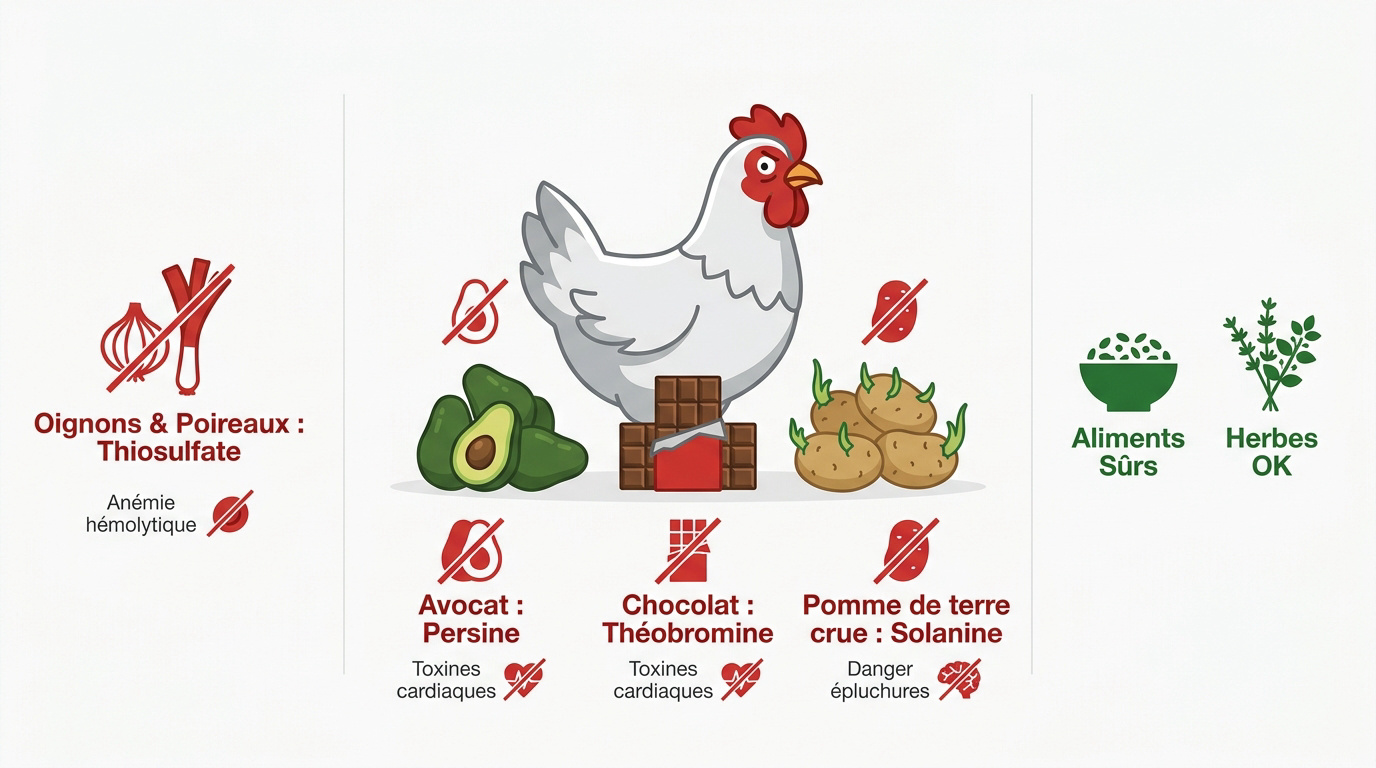 Infographie des aliments toxiques et interdits pour la santé des poules