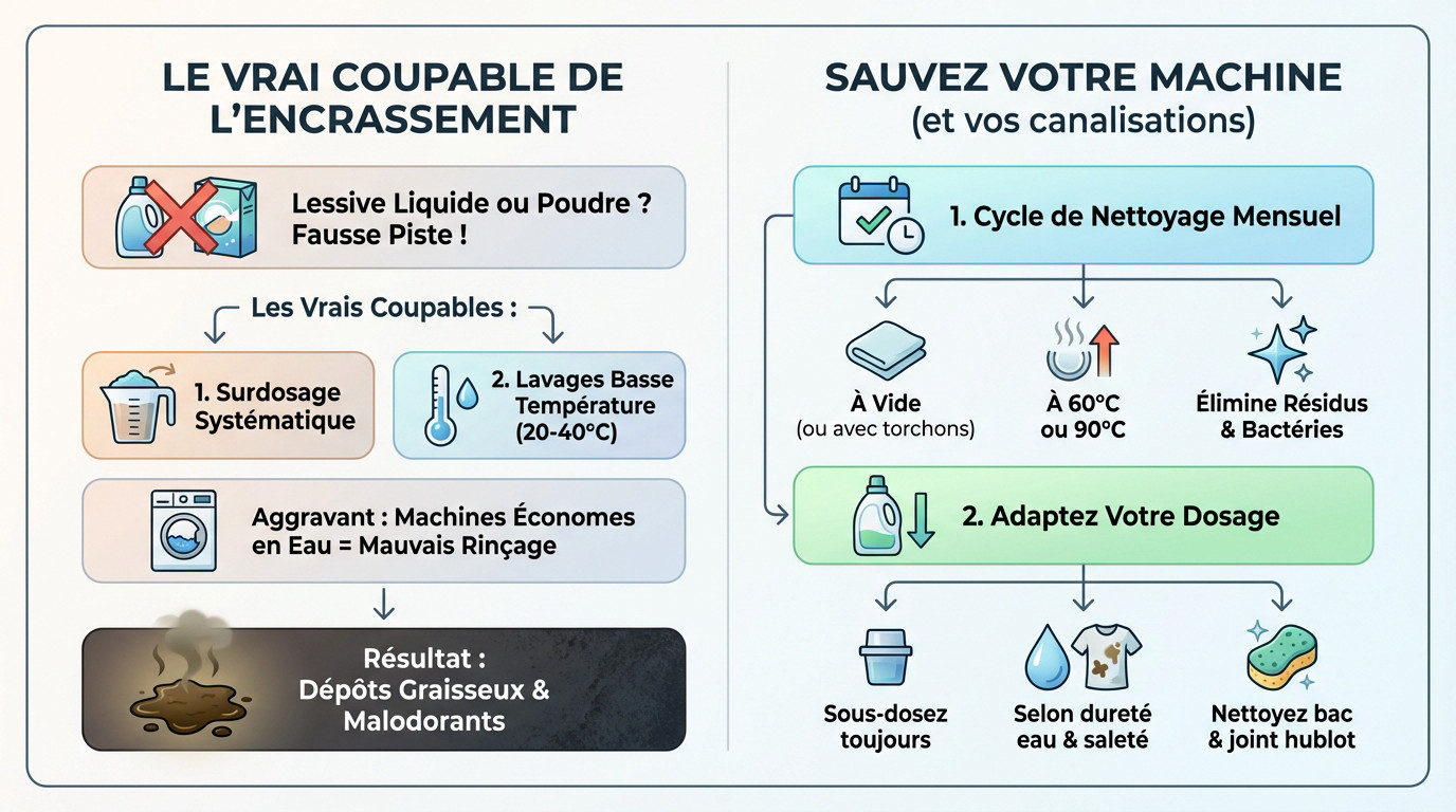 Sch&eacute;ma illustrant les causes principales de l'encrassement du lave-linge : surdosage et basses temp&eacute;ratures