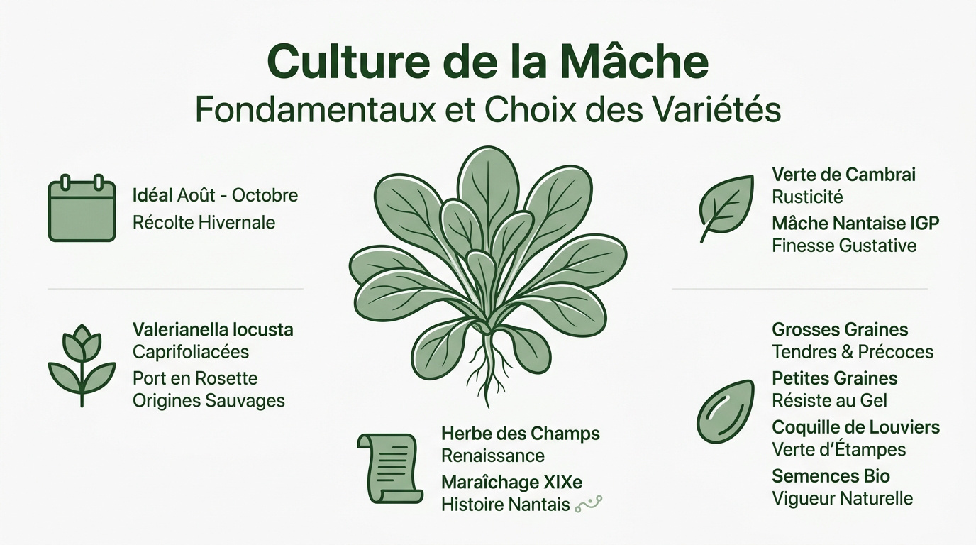 Infographie pratique sur les étapes de culture et les variétés de mâche au potager