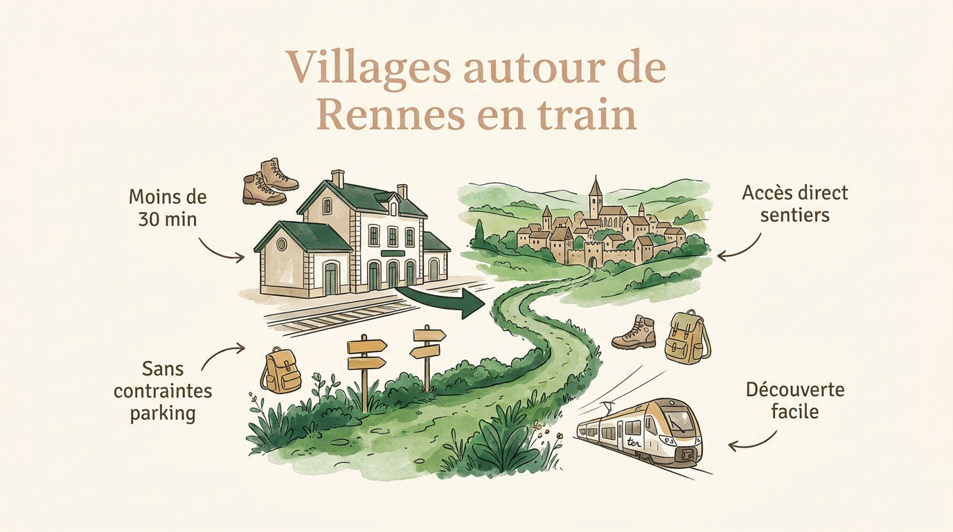 Vue d'un village médiéval accessible en train depuis la gare de Rennes