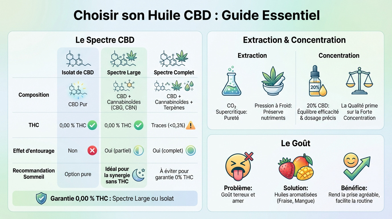 Guide comparatif pour choisir la meilleure huile de CBD pour dormir selon le spectre et l'extraction