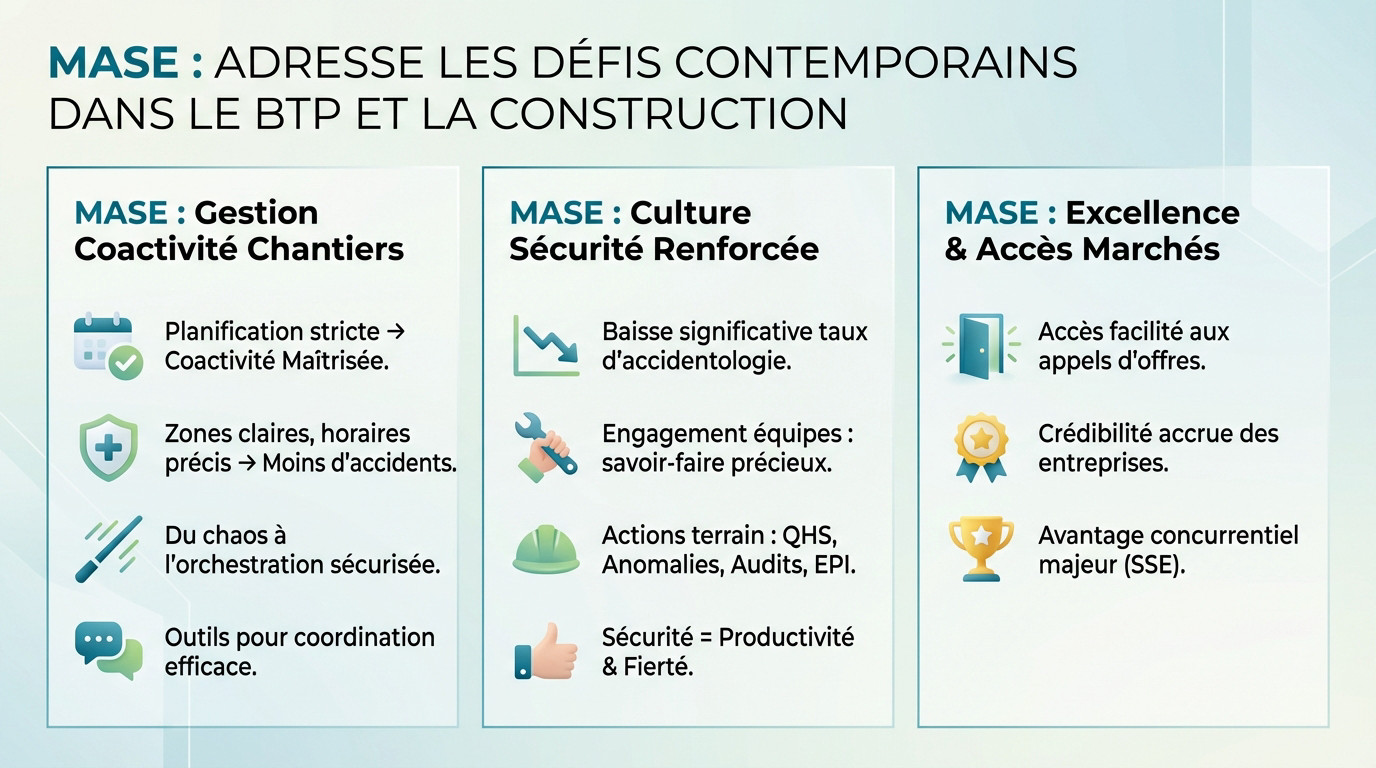 Chantier de construction BTP organisé selon le référentiel MASE pour gérer la coactivité