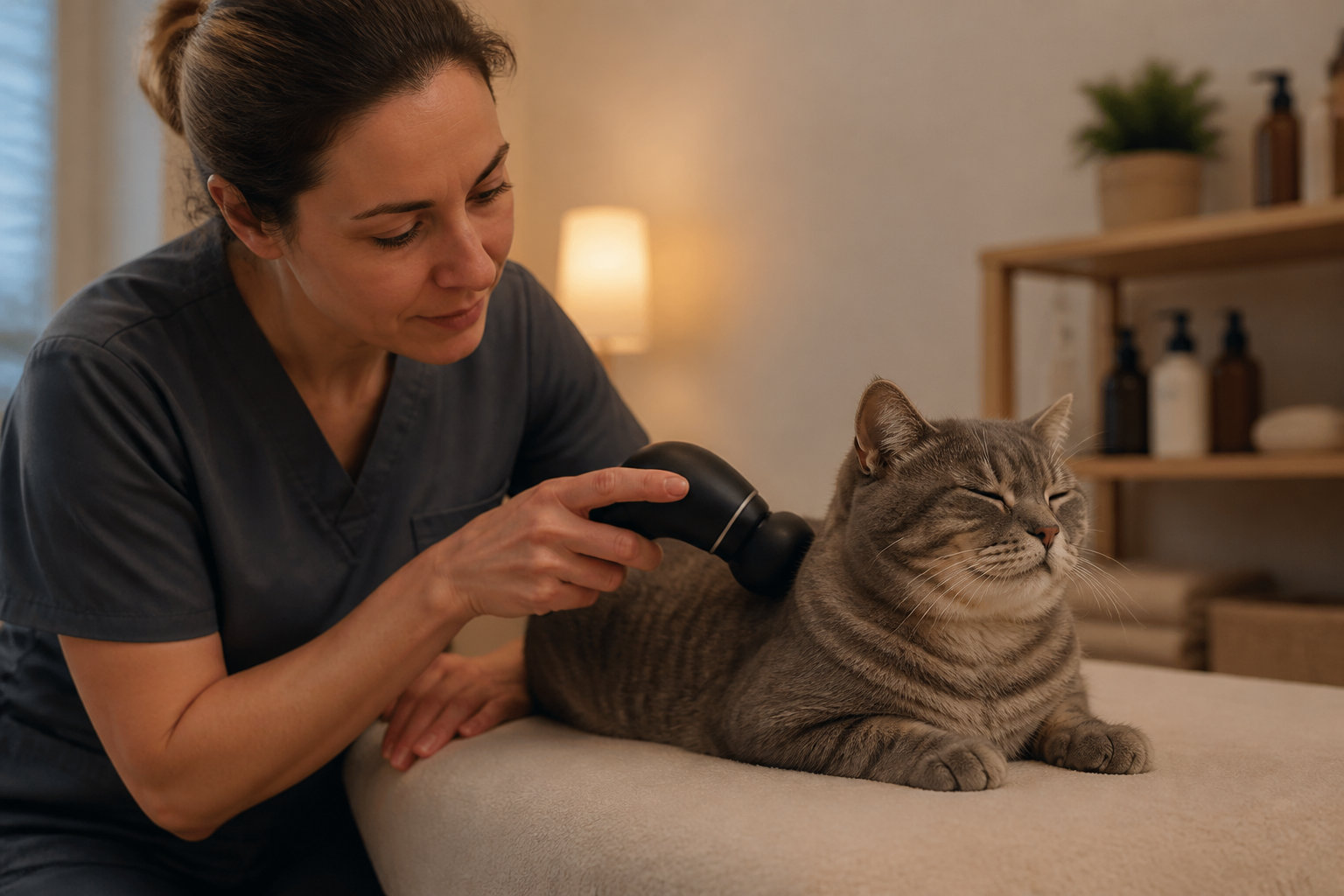Chat recevant un massage professionnel adapté à sa convalescence