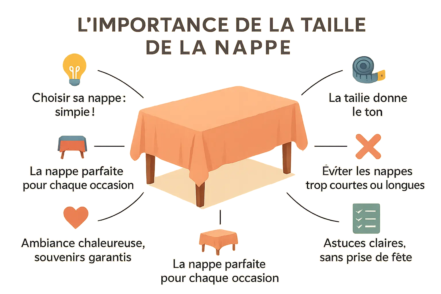 Illustration d'une table bien dressée avec une nappe de bonne taille