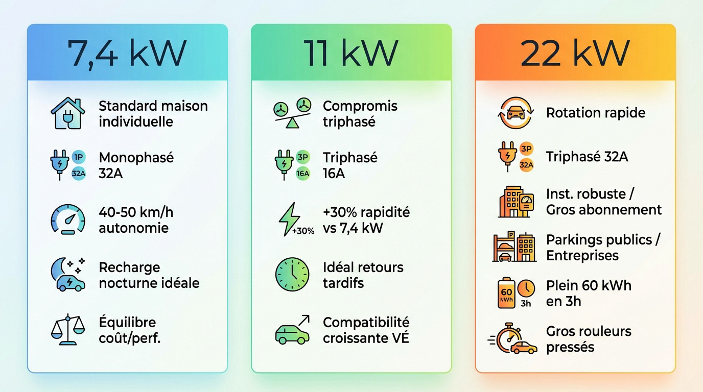 Comparatif technique puissance borne recharge 7kw 11kw 22kw