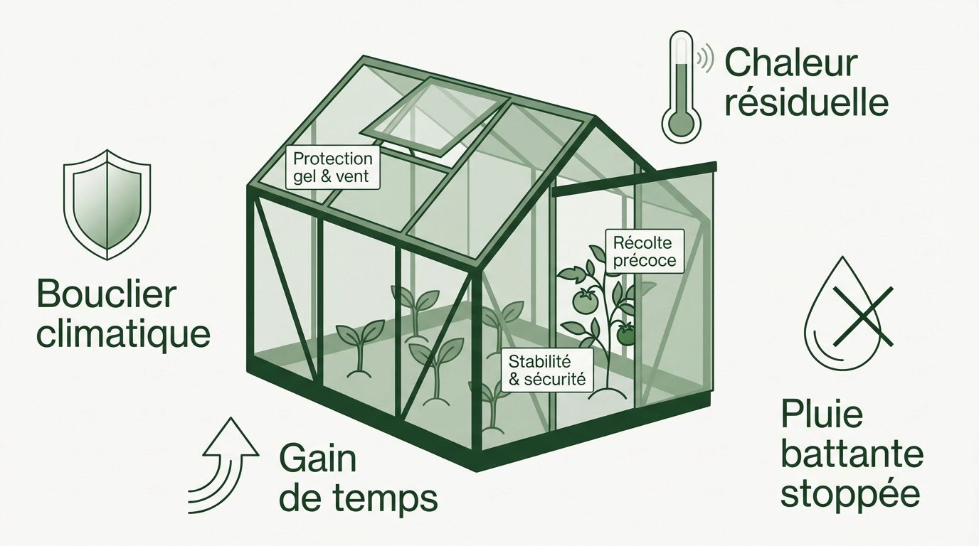 Petite serre de jardin protégeant des jeunes plants de légumes au printemps