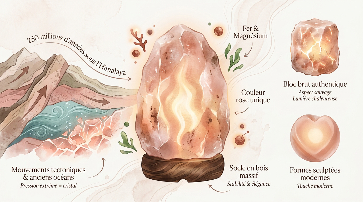 Bloc de sel rose de l'Himalaya brut et sculpté montrant sa formation géologique
