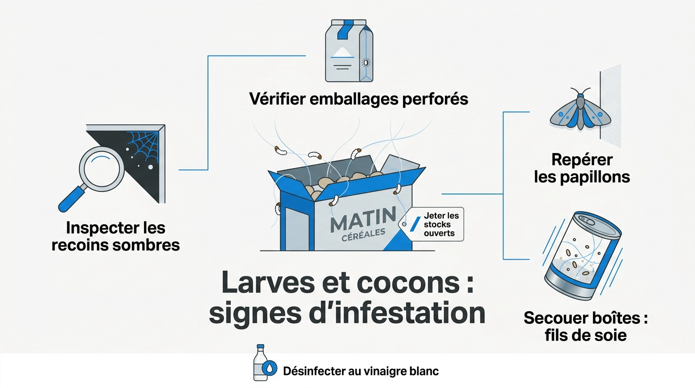 Larves et papillons de mites alimentaires dans un garde-manger