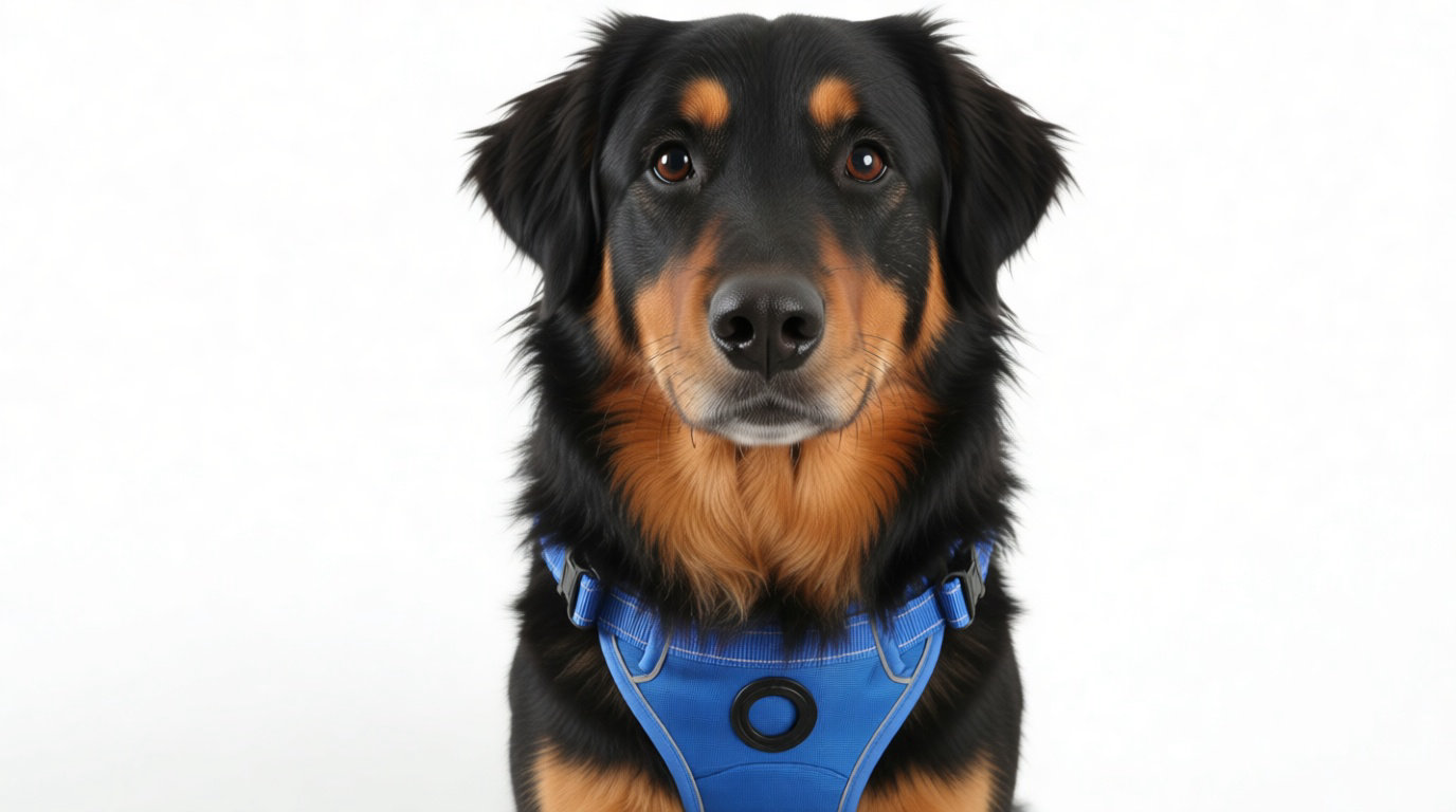 Chien noir et feu portant un harnais bleu