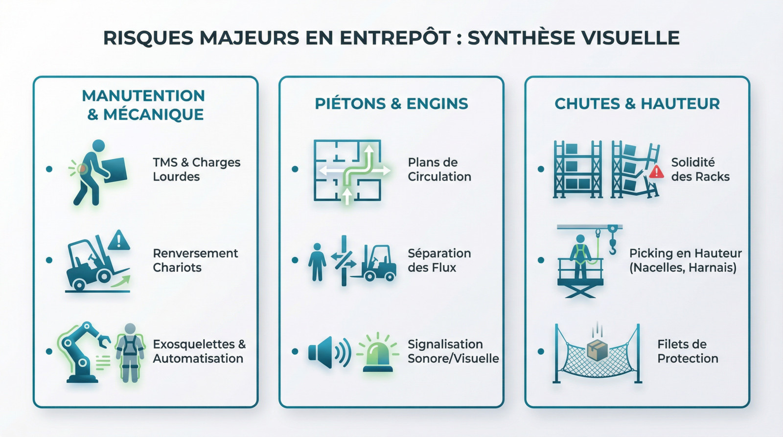 Synthèse visuelle des risques majeurs en entrepôt logistique : manutention, circulation et stockage