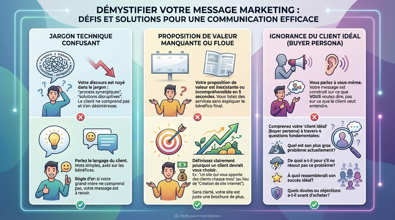 Illustration montrant la transformation d'un message complexe en communication claire pour le client