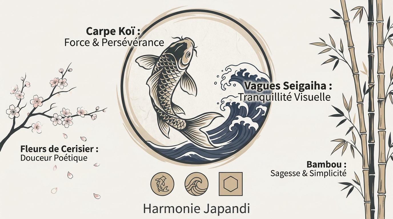 Infographie sur l'harmonie et le symbolisme des motifs japonais dans la décoration Japandi