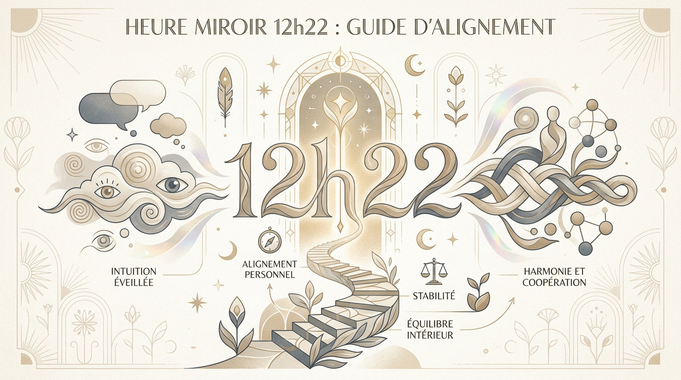 Illustration de l'heure miroir triple 12h22 symbolisant l'alignement et la sérénité