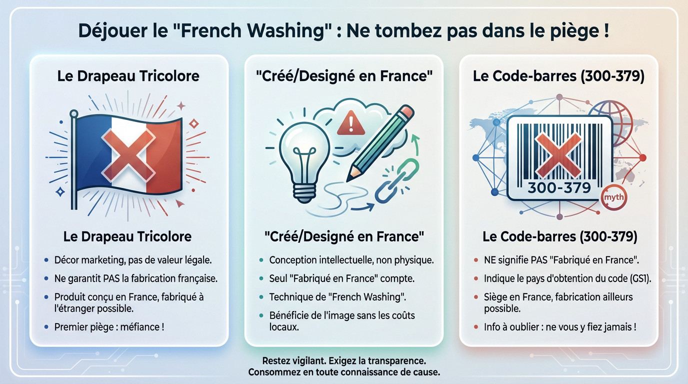 Illustration dénonçant le french washing et les pièges marketing sur l'origine des produits