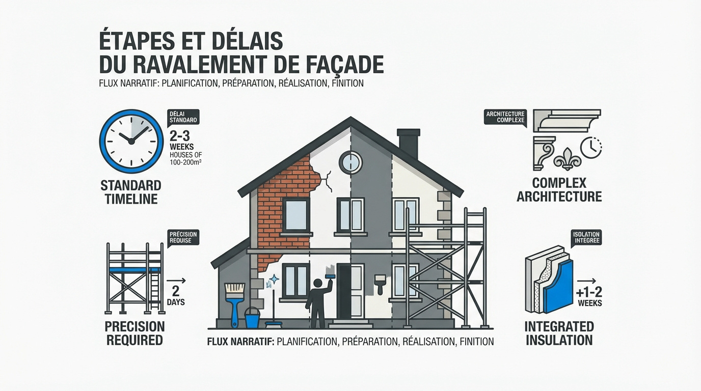 Infographie des étapes et délais moyens pour le ravalement de façade d'une maison