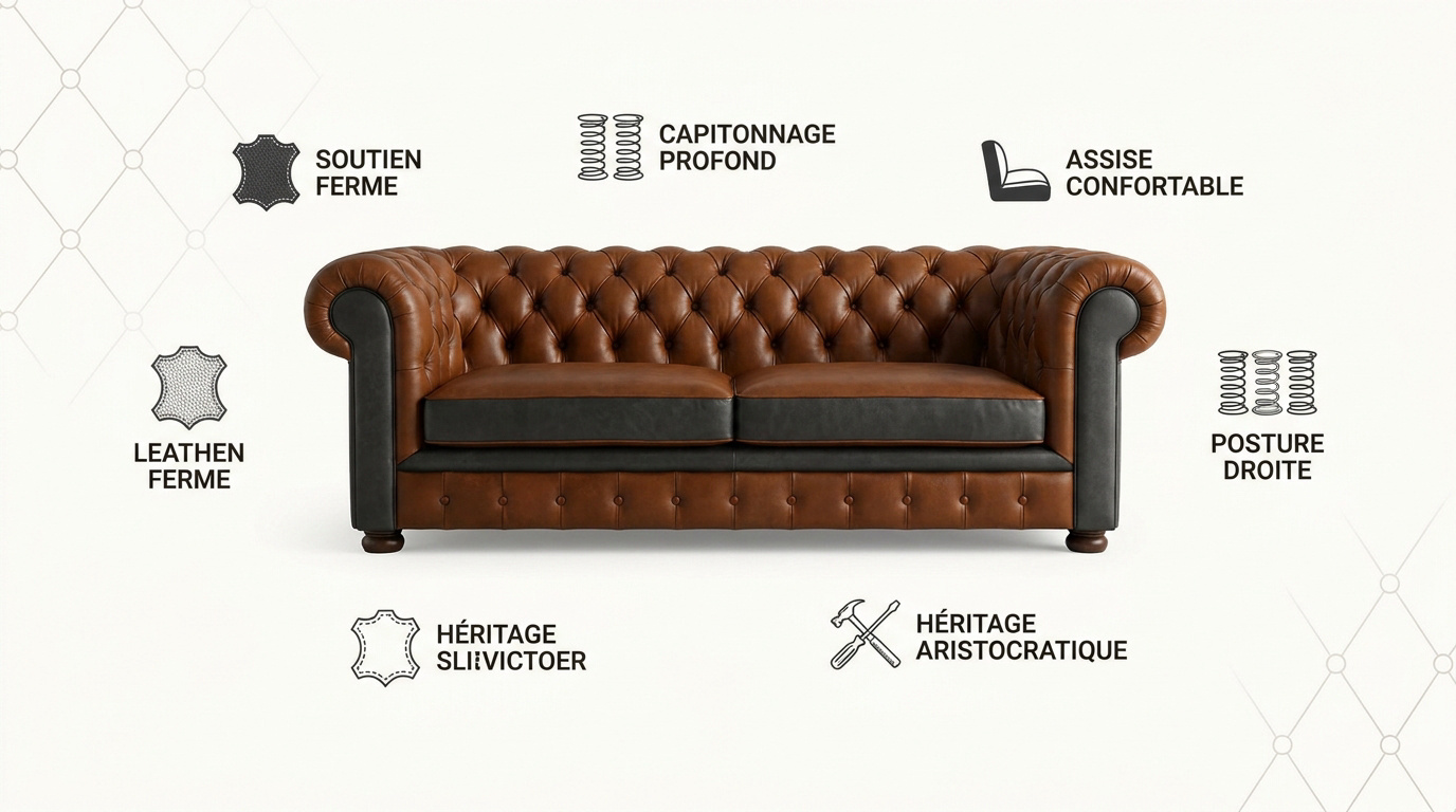 Canapé Chesterfield classique en cuir avec capitonnage traditionnel et accoudoirs enroulés