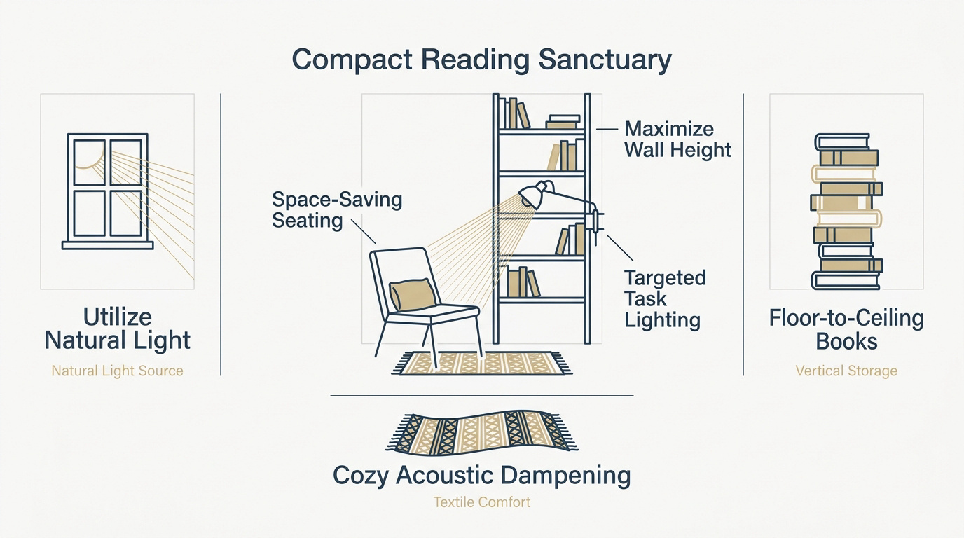 Compact reading nook featuring vertical shelves and slim seating near a window