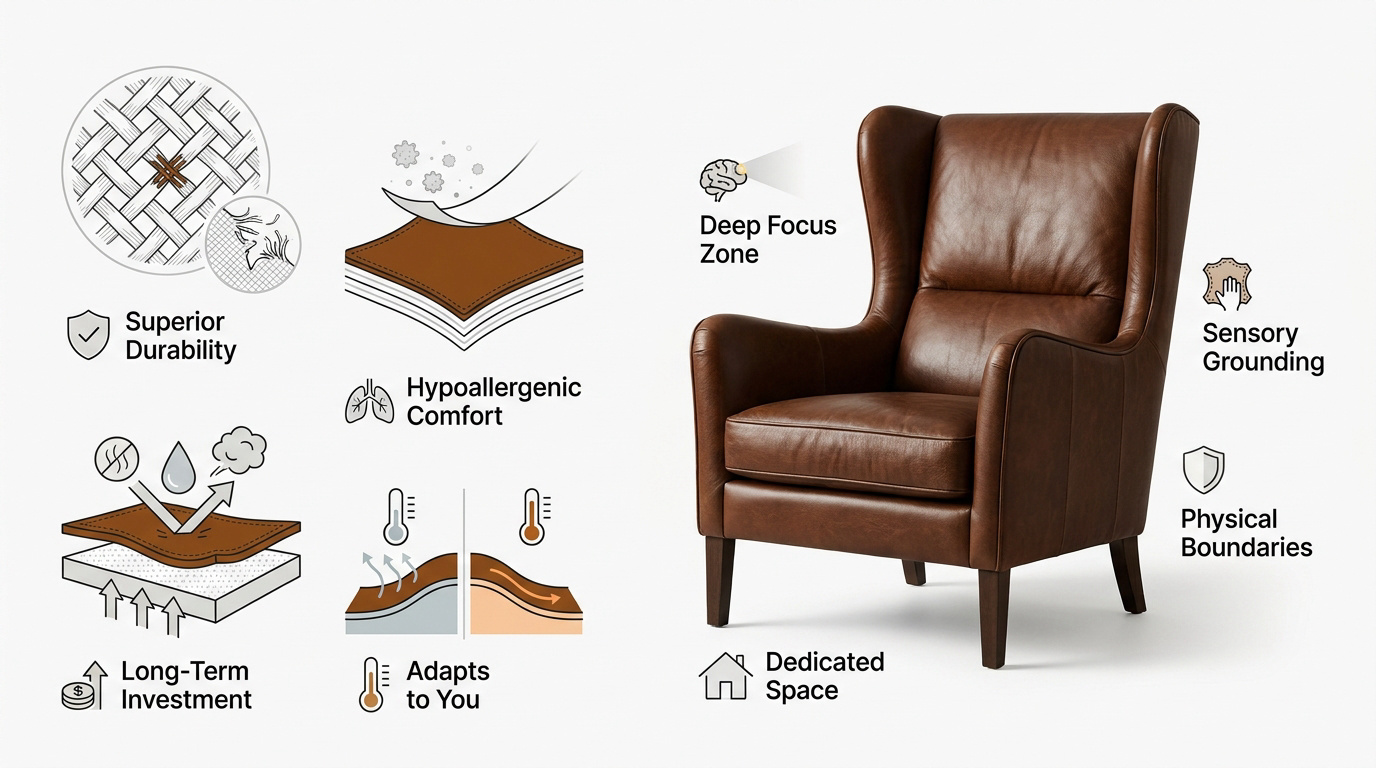 A luxurious top-grain leather reading chair in a quiet home library setting, emphasizing durability and comfort.