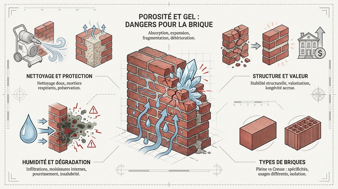 Dégâts de l'humidité et du gel sur une façade en brique poreuse