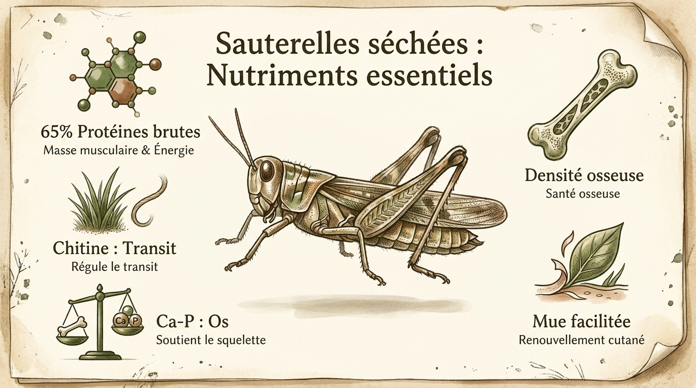 Sauterelles séchées pour l'alimentation des reptiles