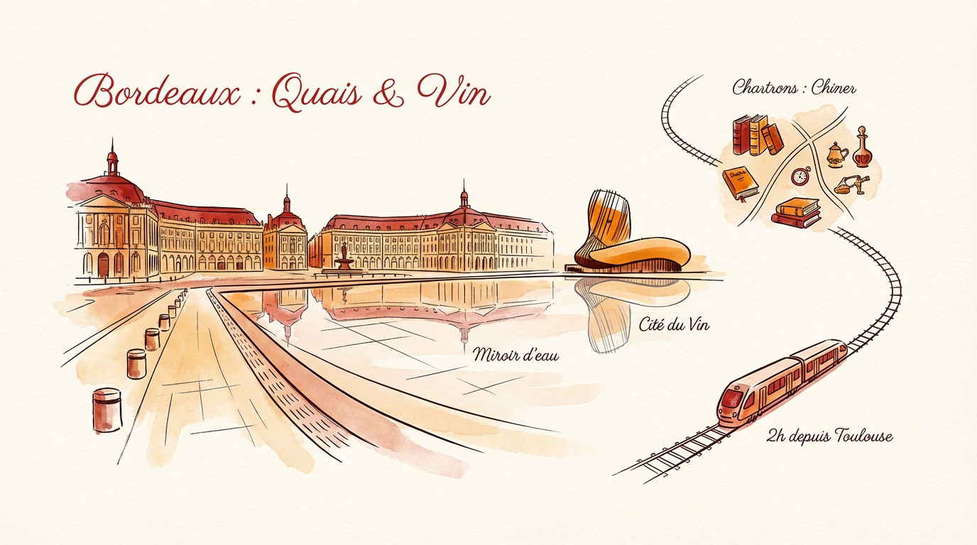 Vue panoramique sur les quais de Bordeaux et le miroir d'eau