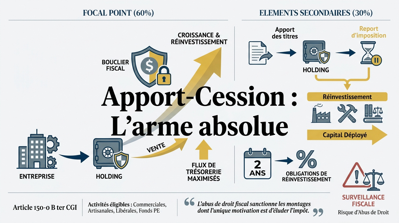 Réussir à investir avec une holding pour votre patrimoine Schéma explicatif du mécanisme d'apport-cession pour optimiser la fiscalité d'une holding
