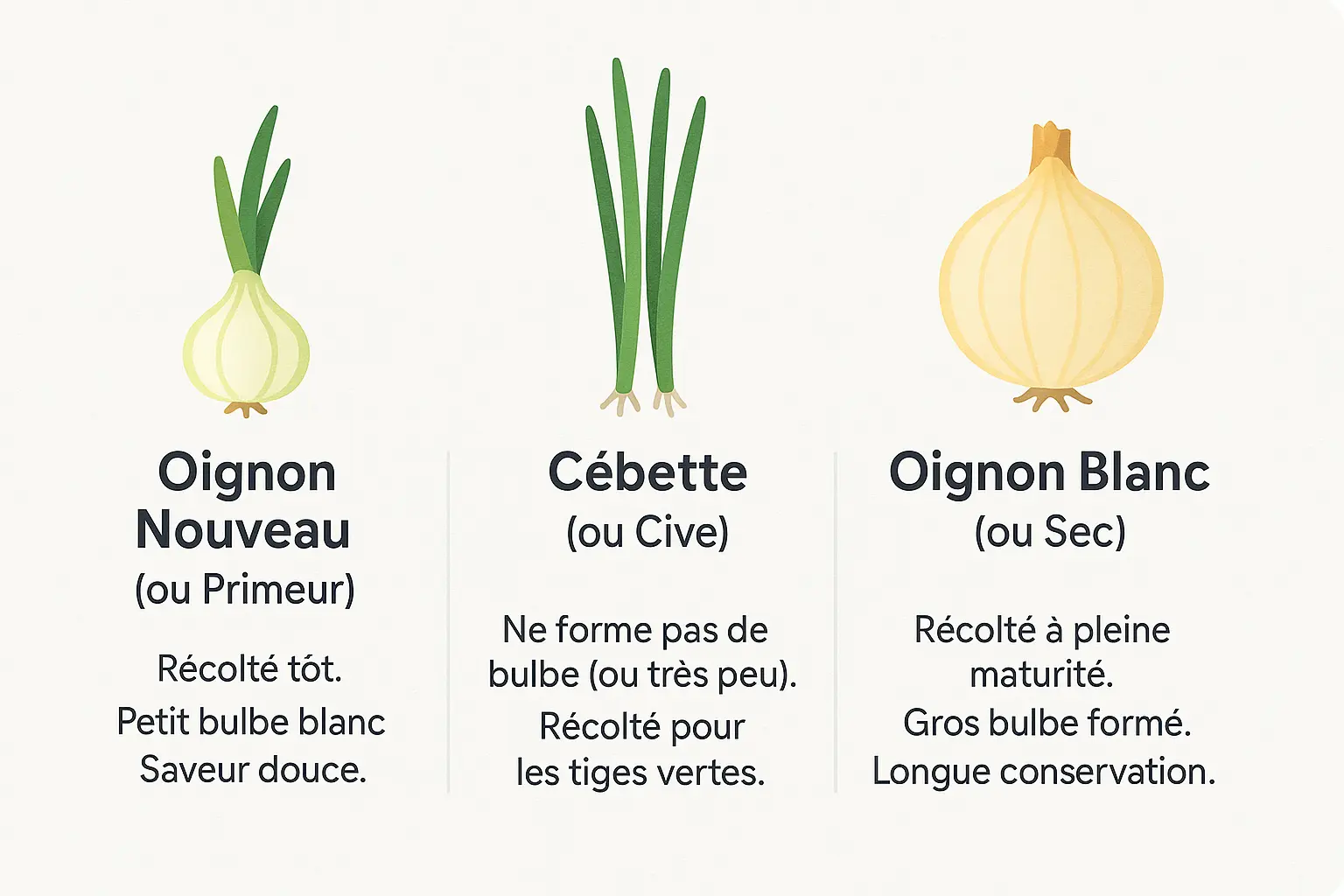 Différences entre oignon nouveau, cébette et oignon blanc