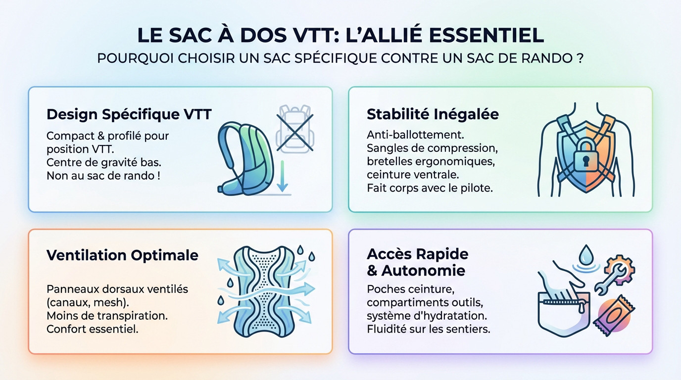 Cycliste ajustant son sac à dos VTT technique sur un sentier en forêt