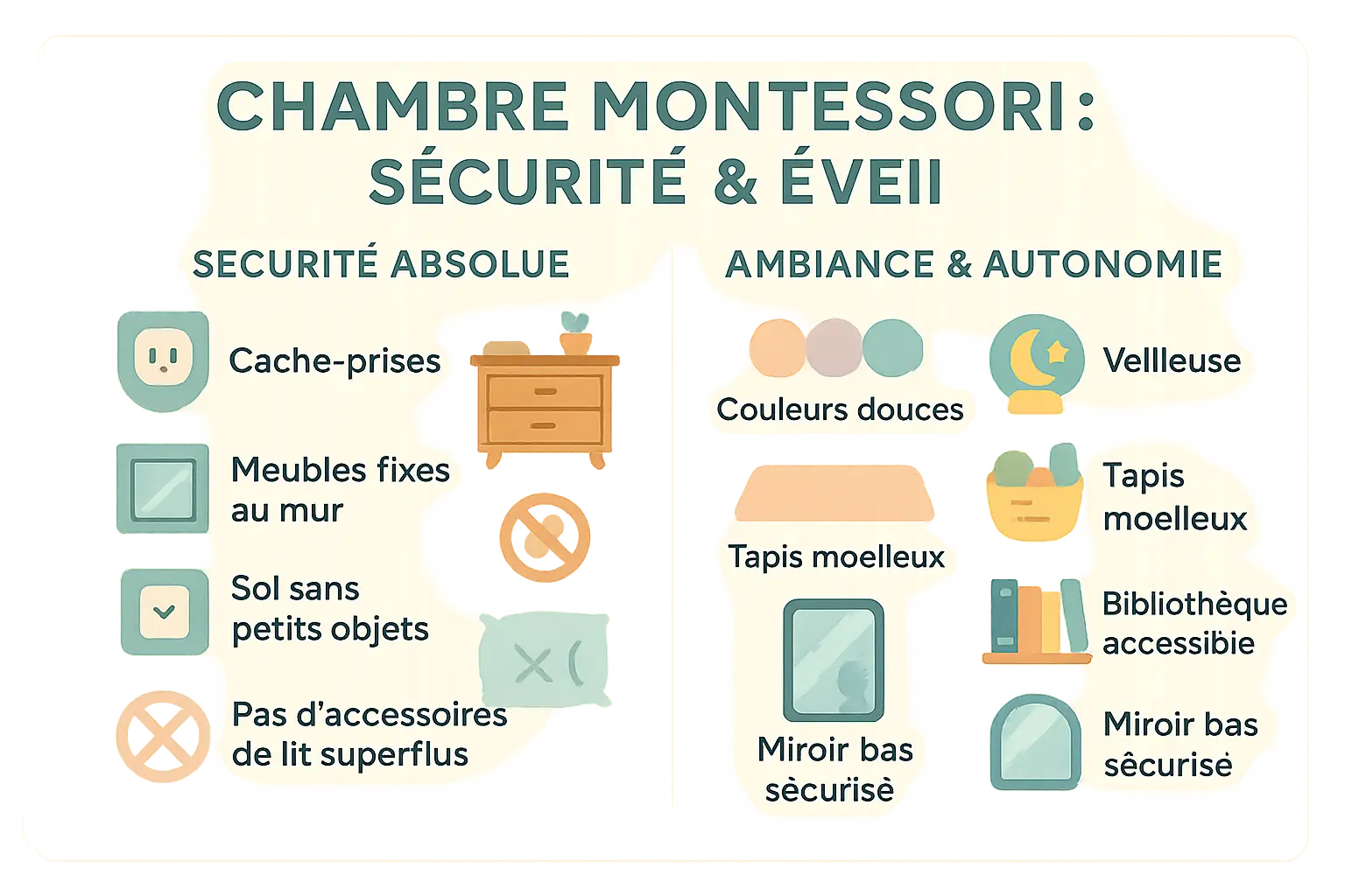 Chambre Montessori sécurisée avec lit au sol, miroir et rangements accessibles