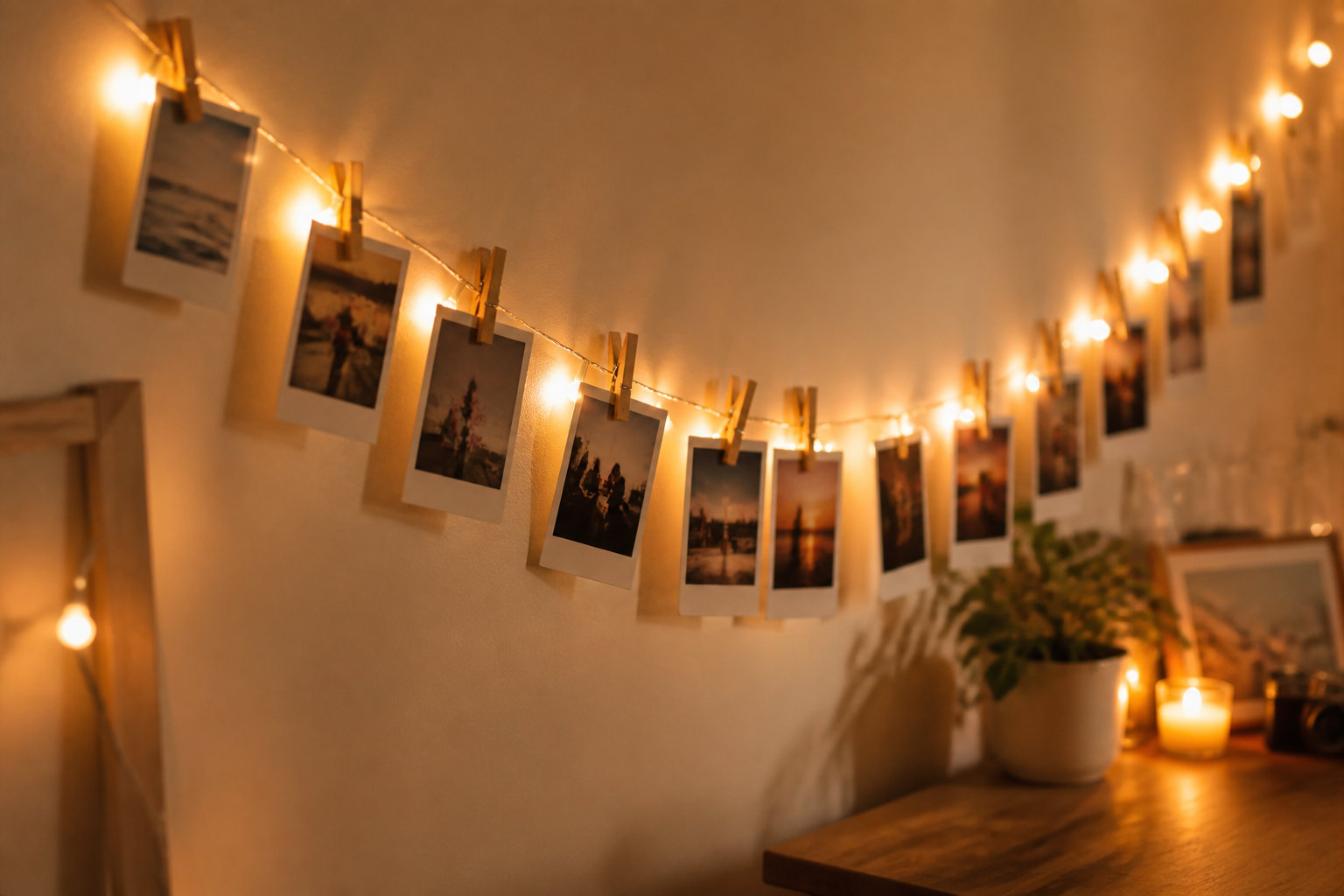 Suspendre une guirlande lumineuse pour tirages Polaroid