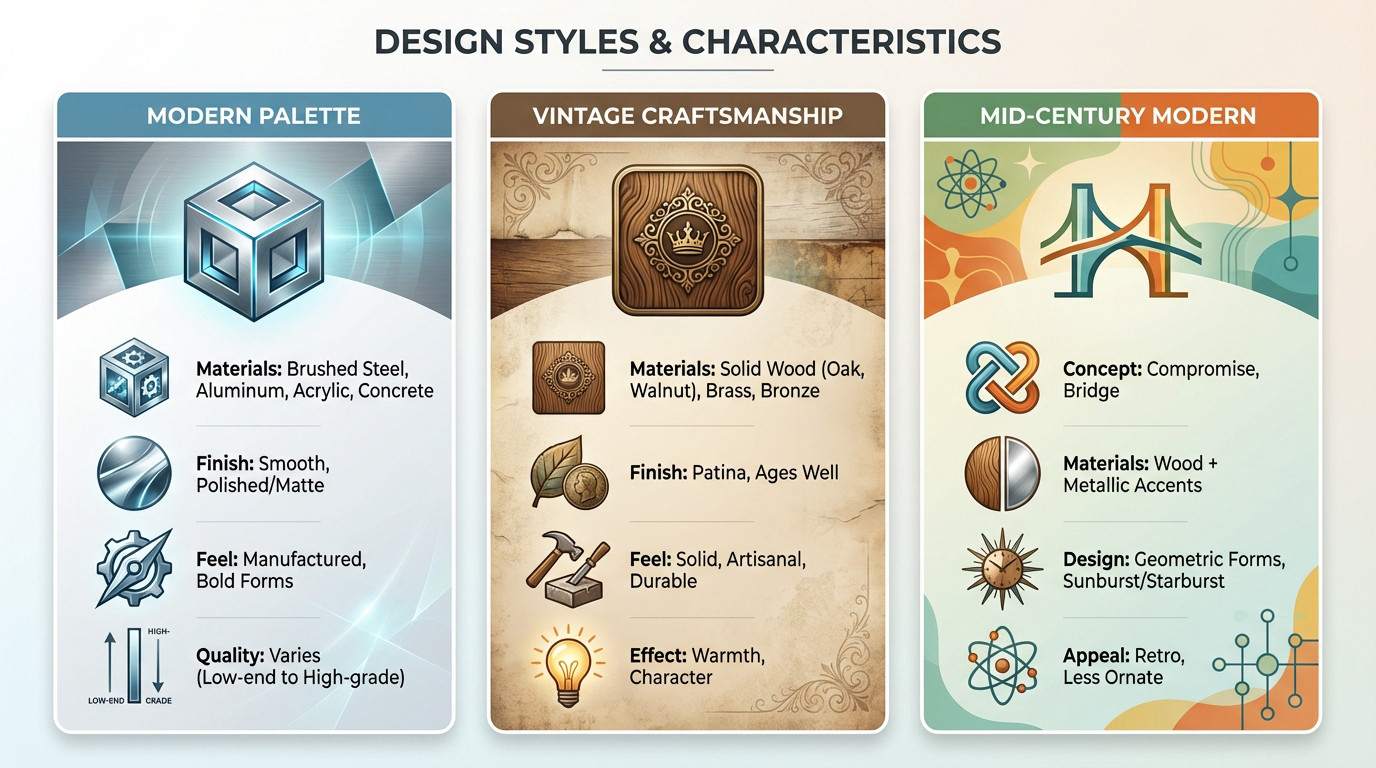 Close up comparison of materials showing modern acrylic finishes versus vintage wood grain textures