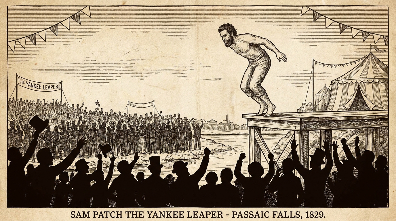 Représentation historique de Sam Patch effectuant un saut aux chutes de Passaic