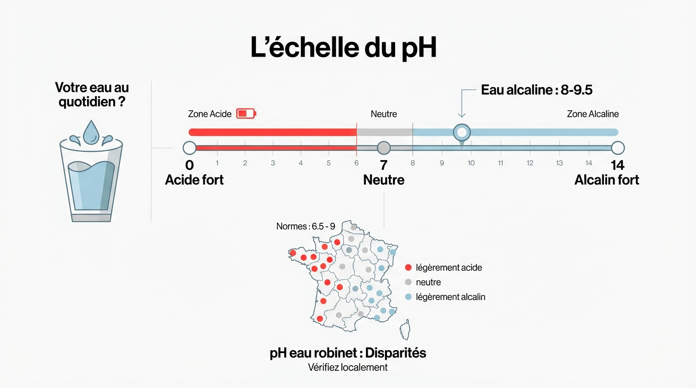 Schéma explicatif de l'échelle de pH allant de l'acidité à l'alcalinité pour l'eau