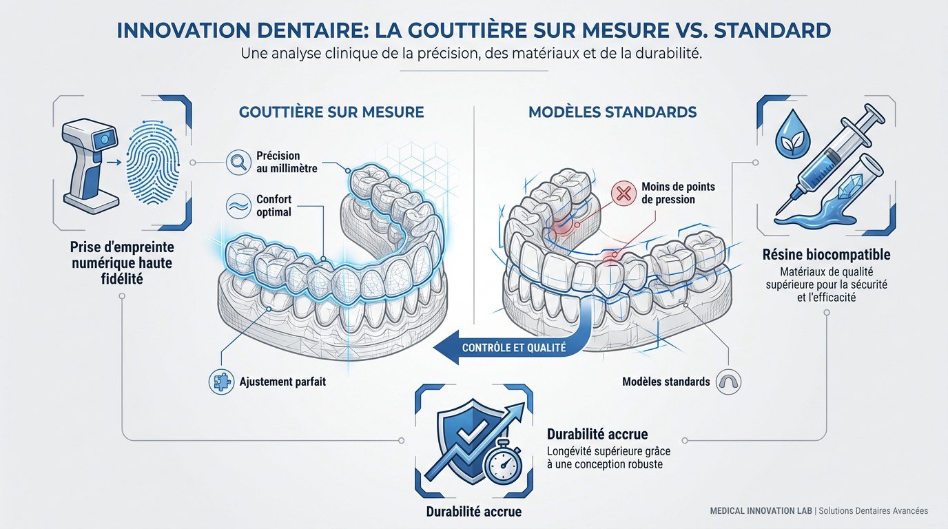 Comparaison entre une gouttière dentaire sur mesure et un modèle standard de pharmacie