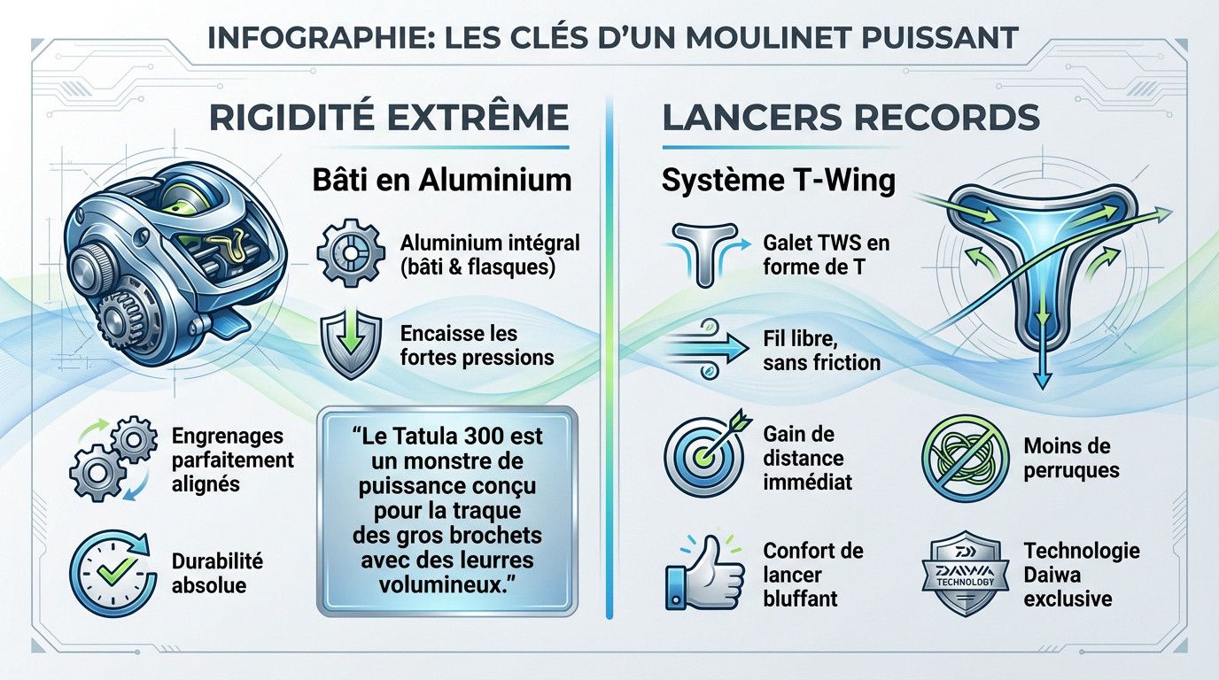 Infographie détaillant les clés d'un moulinet casting puissant comme le Daiwa Tatula 300