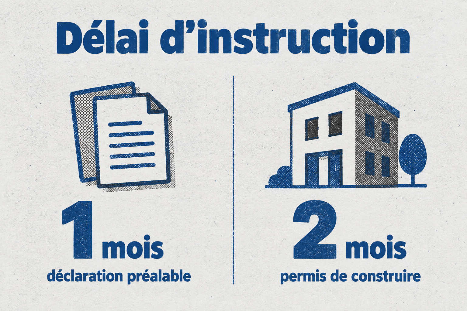 Comparaison des délais d'instruction : 1 mois pour une déclaration préalable, 2 mois pour un permis de construire.