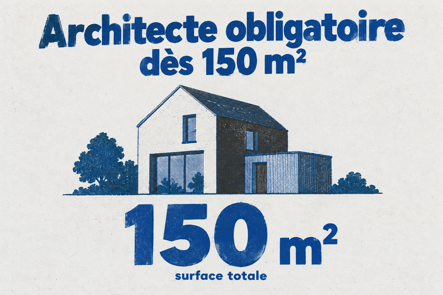 Un grand chiffre 150 avec l'unité m² indique que le recours à un architecte est obligatoire pour toute construction de plus de 150 m² de surface totale.