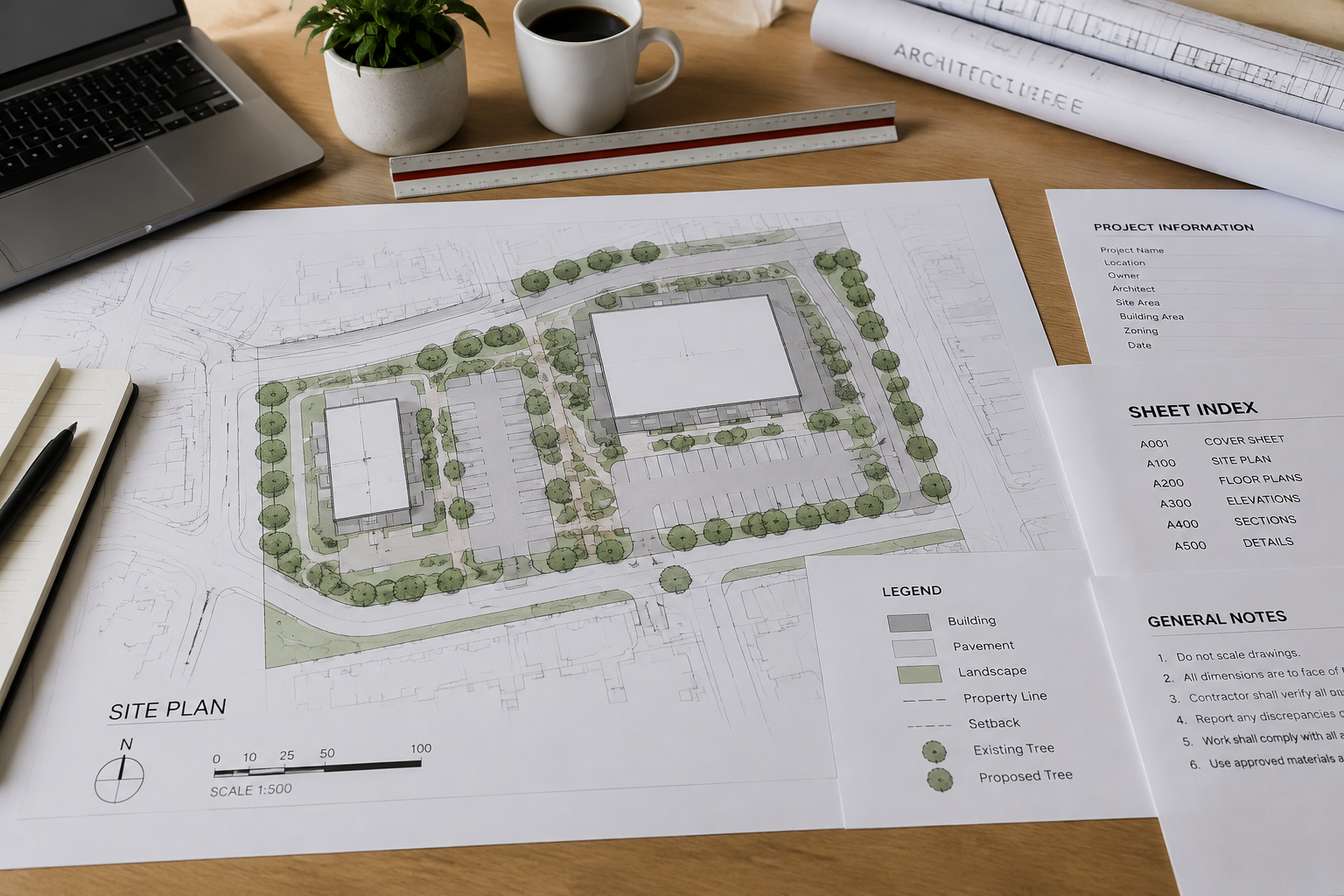 Plans et documents d'architecture étalés sur un bureau