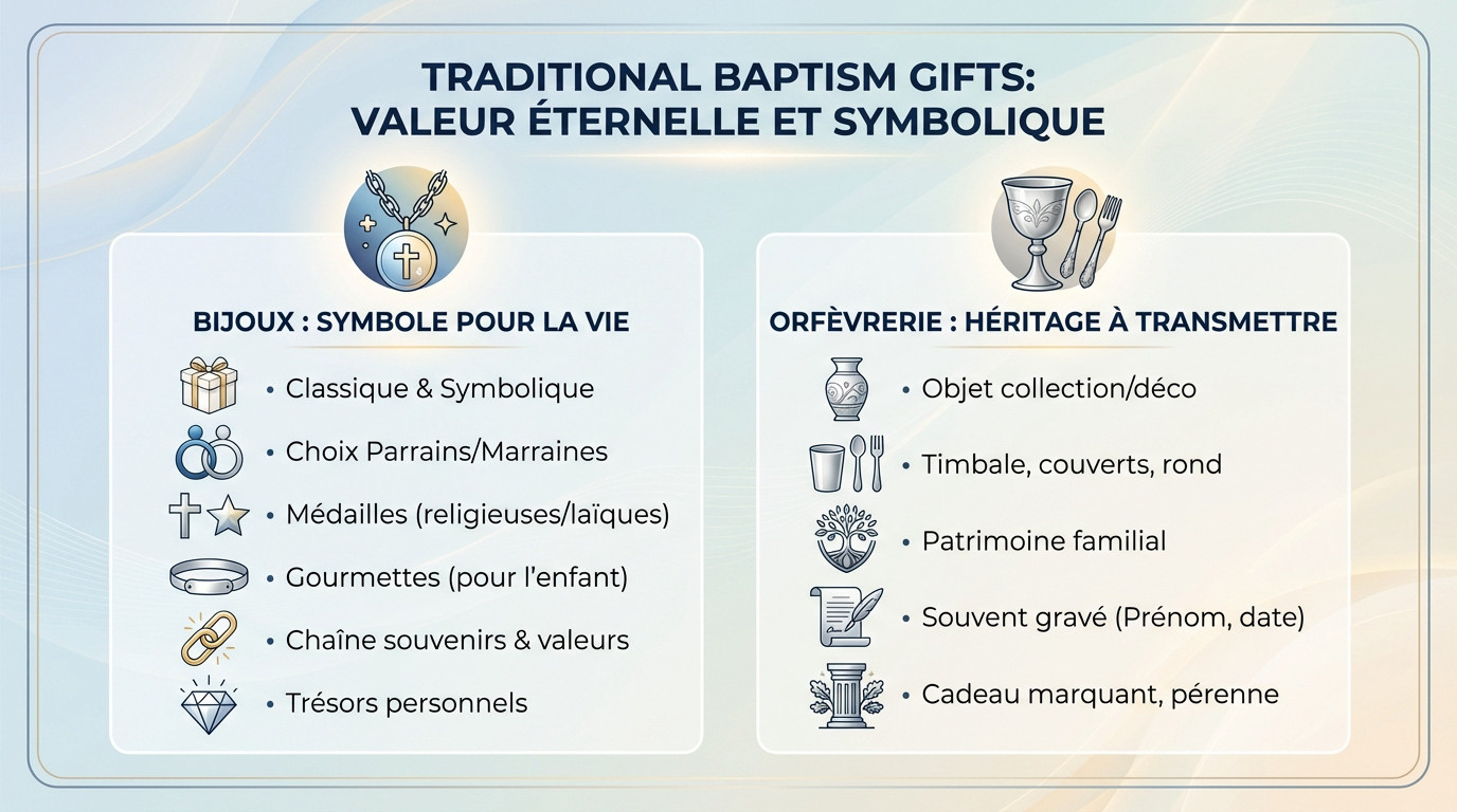 Cadeaux de baptême traditionnels comme une timbale en argent et une médaille religieuse