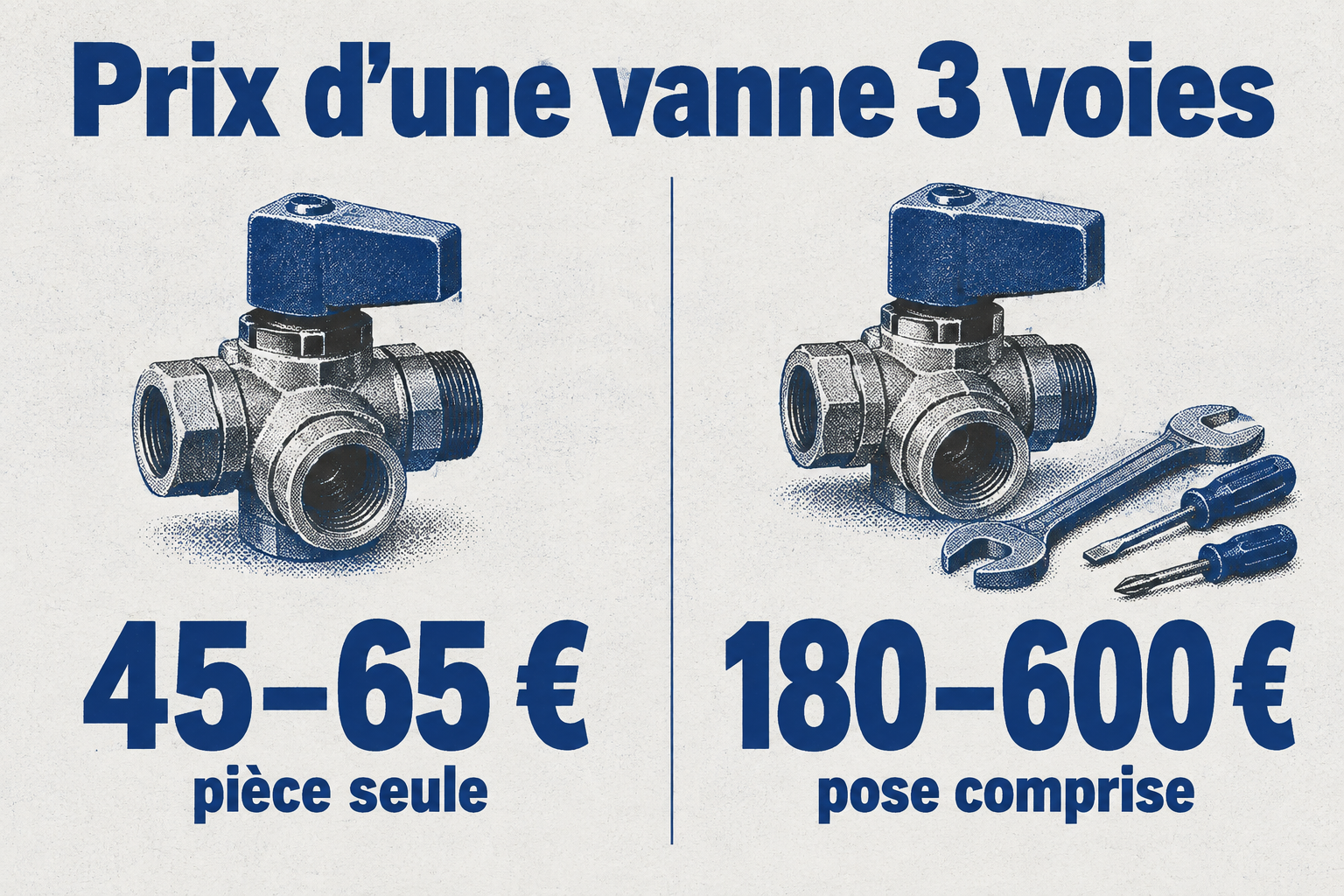 Comparaison entre le prix d'une vanne seule, entre 45 et 65 euros, et le prix d'un remplacement avec pose, entre 180 et 600 euros.
