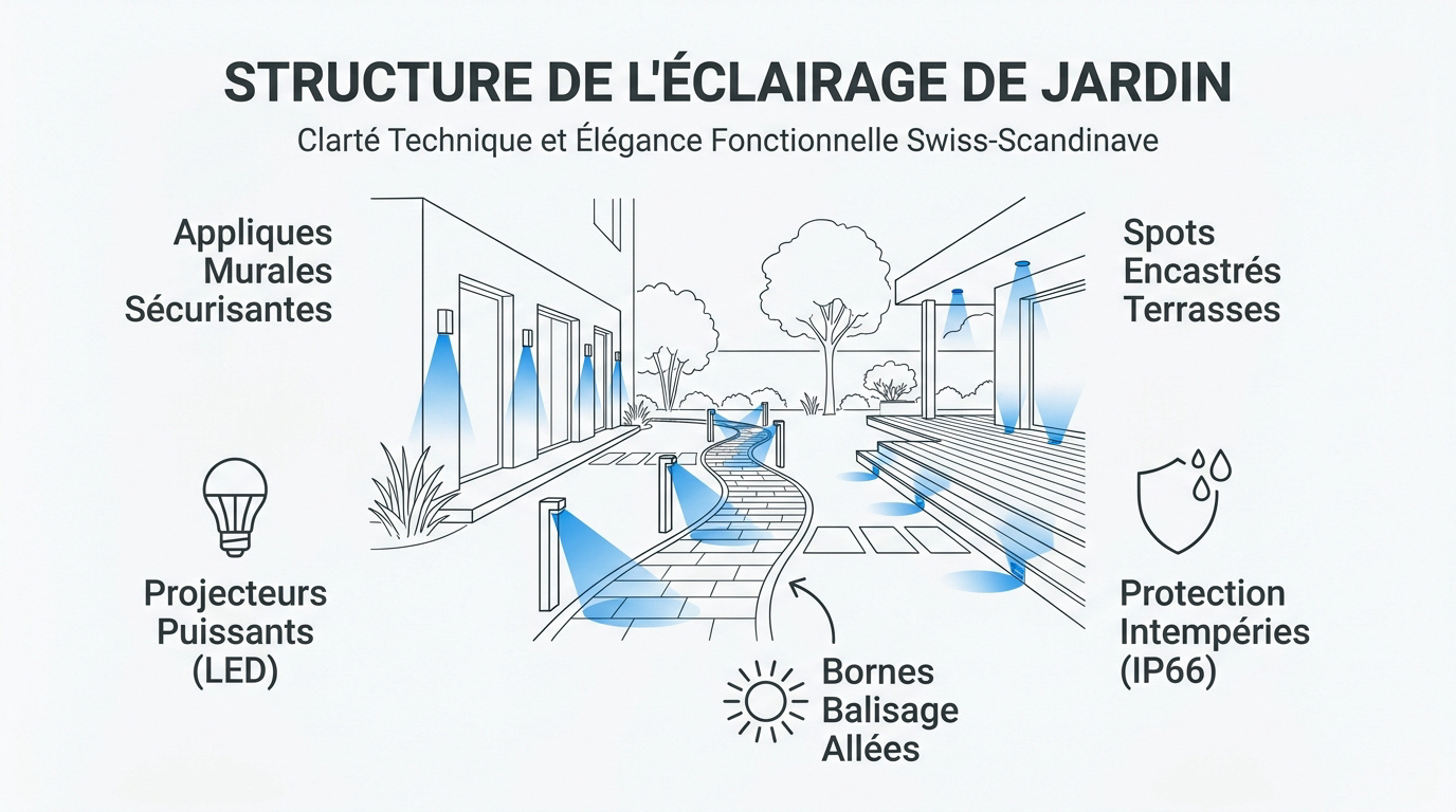 Structure de l'éclairage de jardin avec appliques et bornes lumineuses