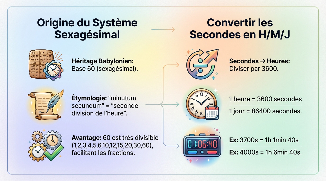Infographie illustrant l'origine babylonienne du système sexagésimal et la conversion des secondes