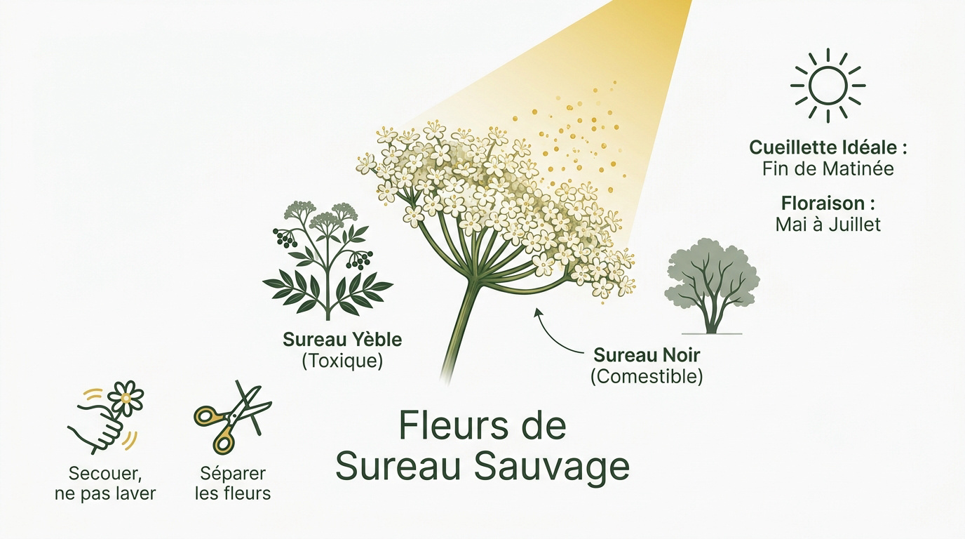 Cueillette de fleurs de sureau sauvage en pleine nature